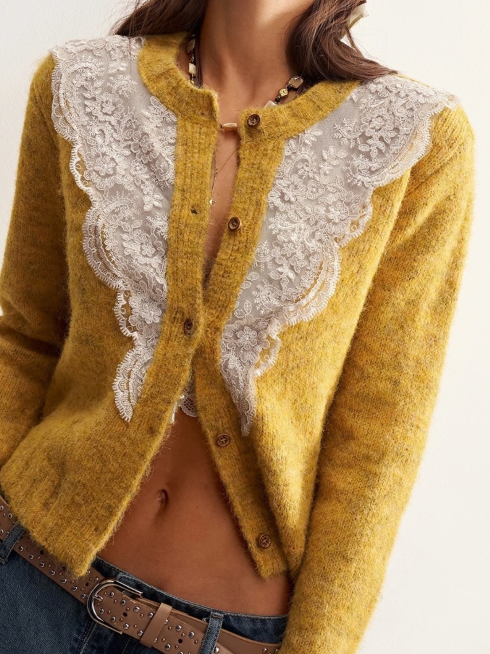 Cozy Floral Lace Detail Round Neck button Down Cardigan